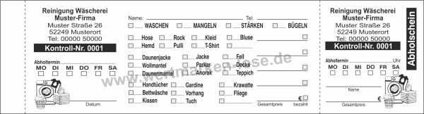 1000 Abholscheine "Waschmeister-Reinigung-Wäscherei", individuell